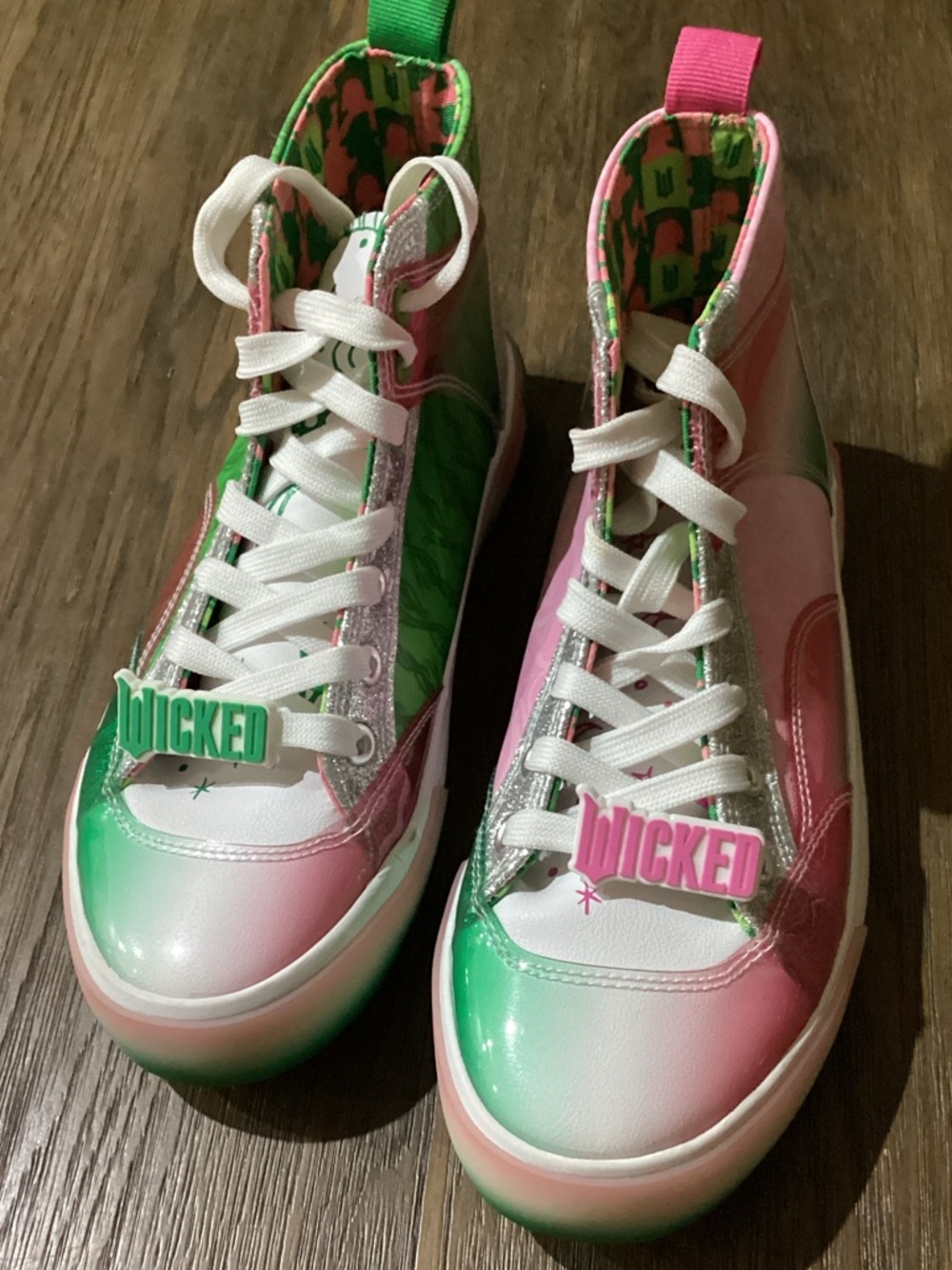 Woman’s High-Top Sneakers in Pink & Green with 'WICKED' Lace Charm